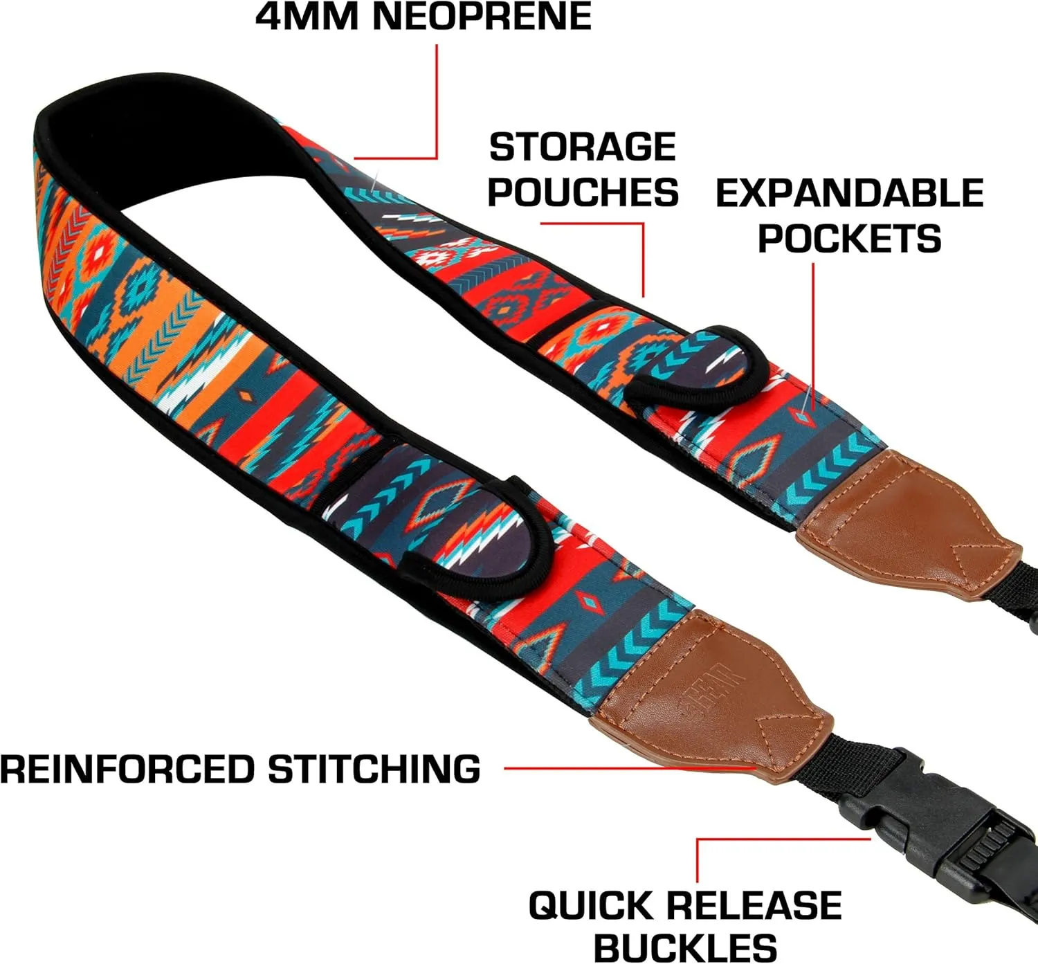 USA Gear TrueSHOT Neck Strap Neoprene Camera Straps - Padded Camera Strap, Pockets, and Quick Release Buckles - Compatible with Canon, Nikon, Sony and More DSLR and Mirrorless Cameras (Southwest)