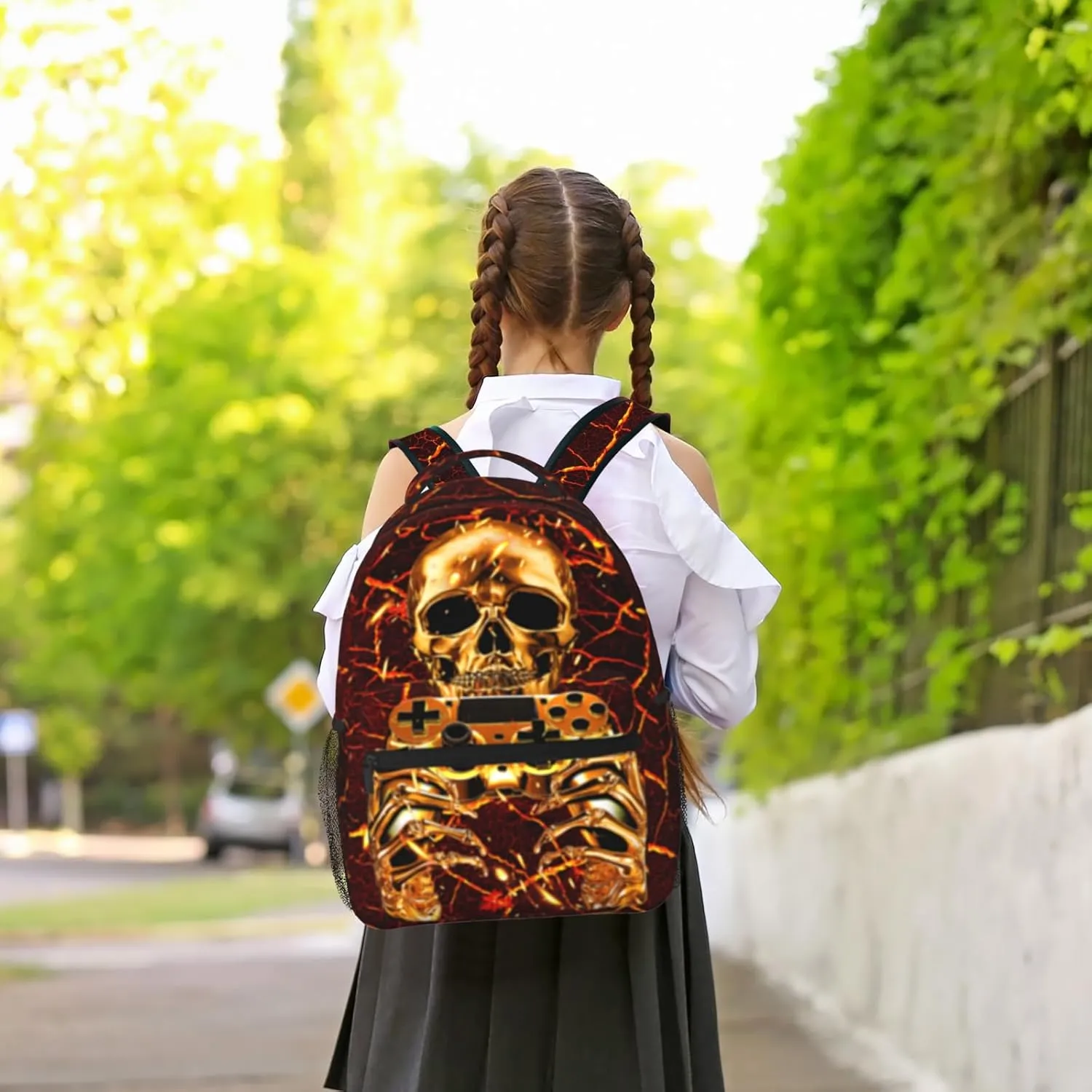 Vedio Game Backpack Kids Boys Cool Fire Skull Gaming School Bookbags for Kids 8-12 Gothic Skull School Bag for Children Elementary Preschool Middle School Computer Laptop Bag for Man Woman