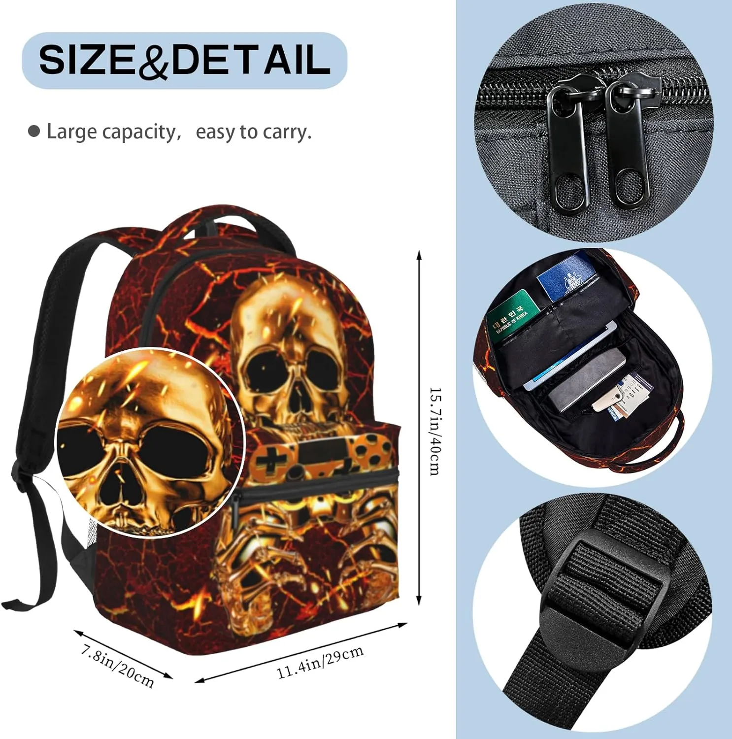 Vedio Game Backpack Kids Boys Cool Fire Skull Gaming School Bookbags for Kids 8-12 Gothic Skull School Bag for Children Elementary Preschool Middle School Computer Laptop Bag for Man Woman