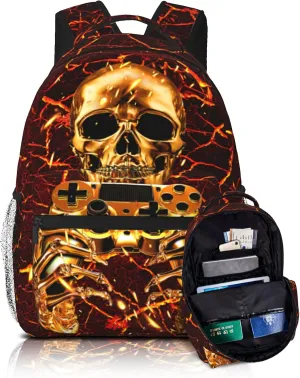Vedio Game Backpack Kids Boys Cool Fire Skull Gaming School Bookbags for Kids 8-12 Gothic Skull School Bag for Children Elementary Preschool Middle School Computer Laptop Bag for Man Woman