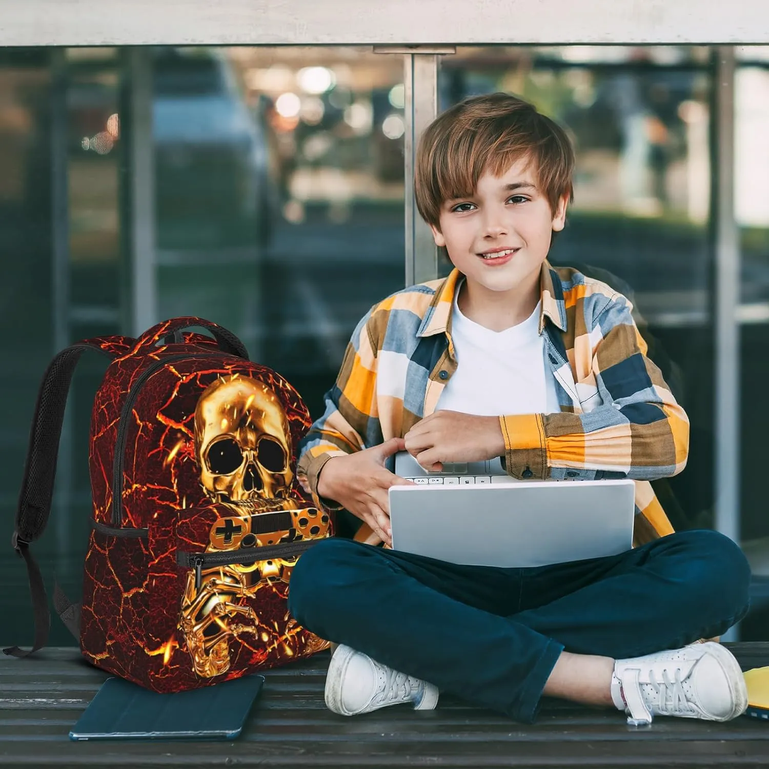 Vedio Game Backpack Kids Boys Cool Fire Skull Gaming School Bookbags for Kids 8-12 Gothic Skull School Bag for Children Elementary Preschool Middle School Computer Laptop Bag for Man Woman