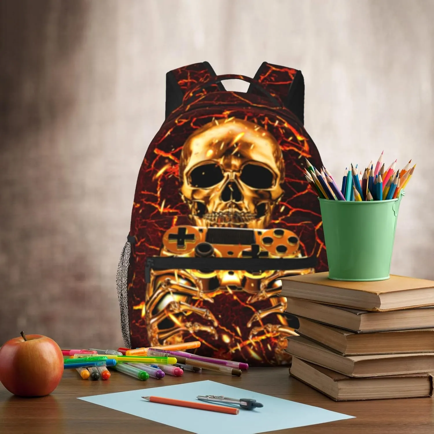 Vedio Game Backpack Kids Boys Cool Fire Skull Gaming School Bookbags for Kids 8-12 Gothic Skull School Bag for Children Elementary Preschool Middle School Computer Laptop Bag for Man Woman