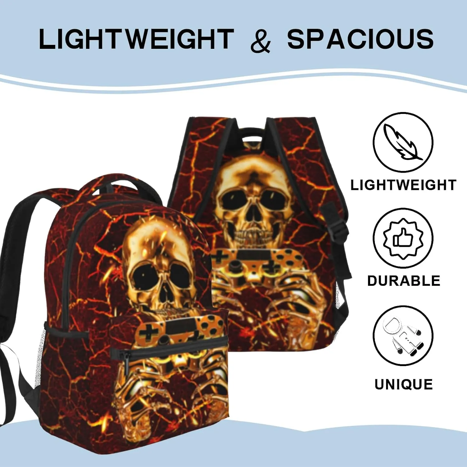 Vedio Game Backpack Kids Boys Cool Fire Skull Gaming School Bookbags for Kids 8-12 Gothic Skull School Bag for Children Elementary Preschool Middle School Computer Laptop Bag for Man Woman