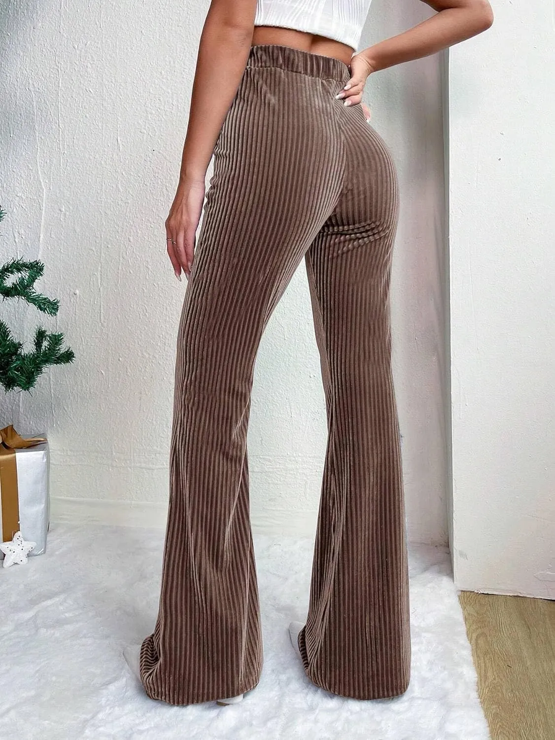Velvet Flared Pants for Women Fall Winter High Elastic Waist Lounge Trousers Striped Palazzo Pants