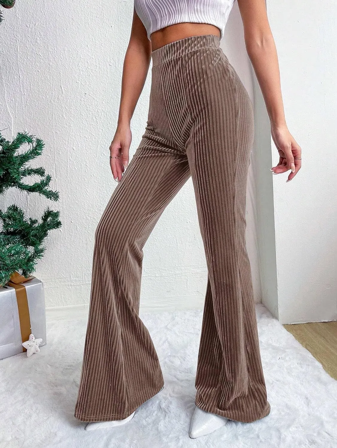 Velvet Flared Pants for Women Fall Winter High Elastic Waist Lounge Trousers Striped Palazzo Pants