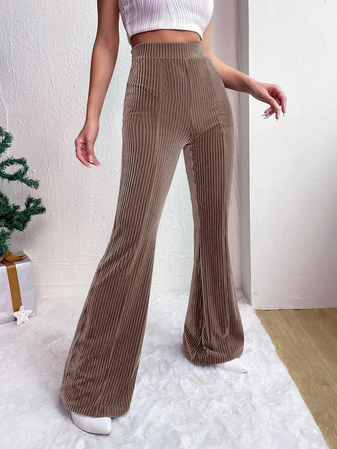 Velvet Flared Pants for Women Fall Winter High Elastic Waist Lounge Trousers Striped Palazzo Pants