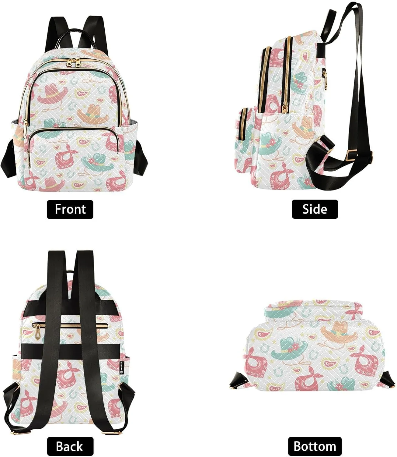 VIGTRO Women Fashion Backpack Quilted Mini Purse Cowboy Western Cowgirl Hats, Lightweight Travel Casual Shoulder Backpack with Adjustable Straps Size M