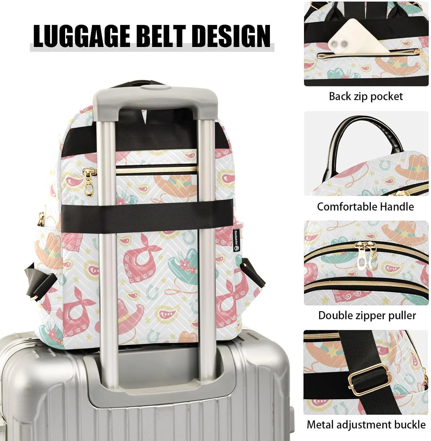 VIGTRO Women Fashion Backpack Quilted Mini Purse Cowboy Western Cowgirl Hats, Lightweight Travel Casual Shoulder Backpack with Adjustable Straps Size M