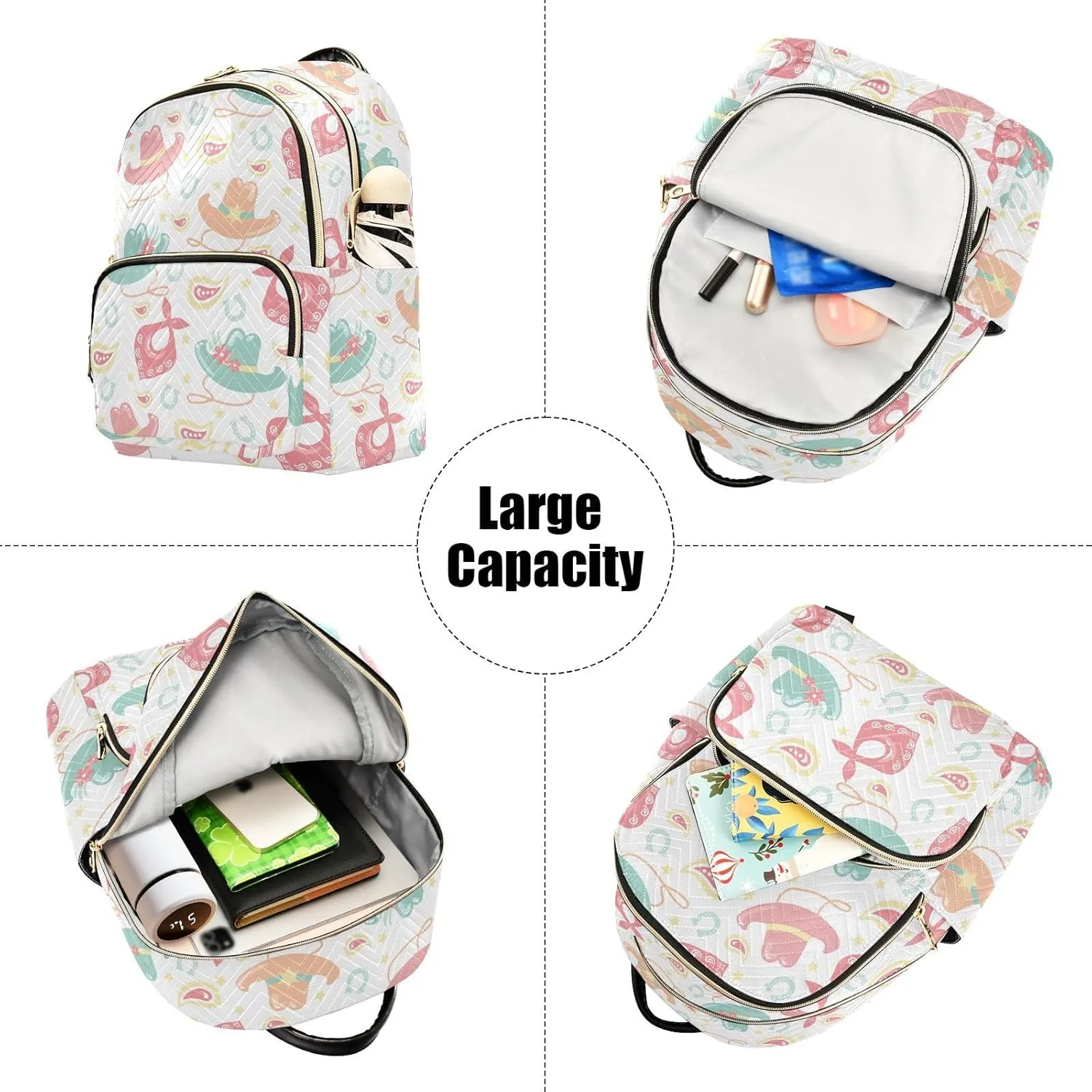 VIGTRO Women Fashion Backpack Quilted Mini Purse Cowboy Western Cowgirl Hats, Lightweight Travel Casual Shoulder Backpack with Adjustable Straps Size M