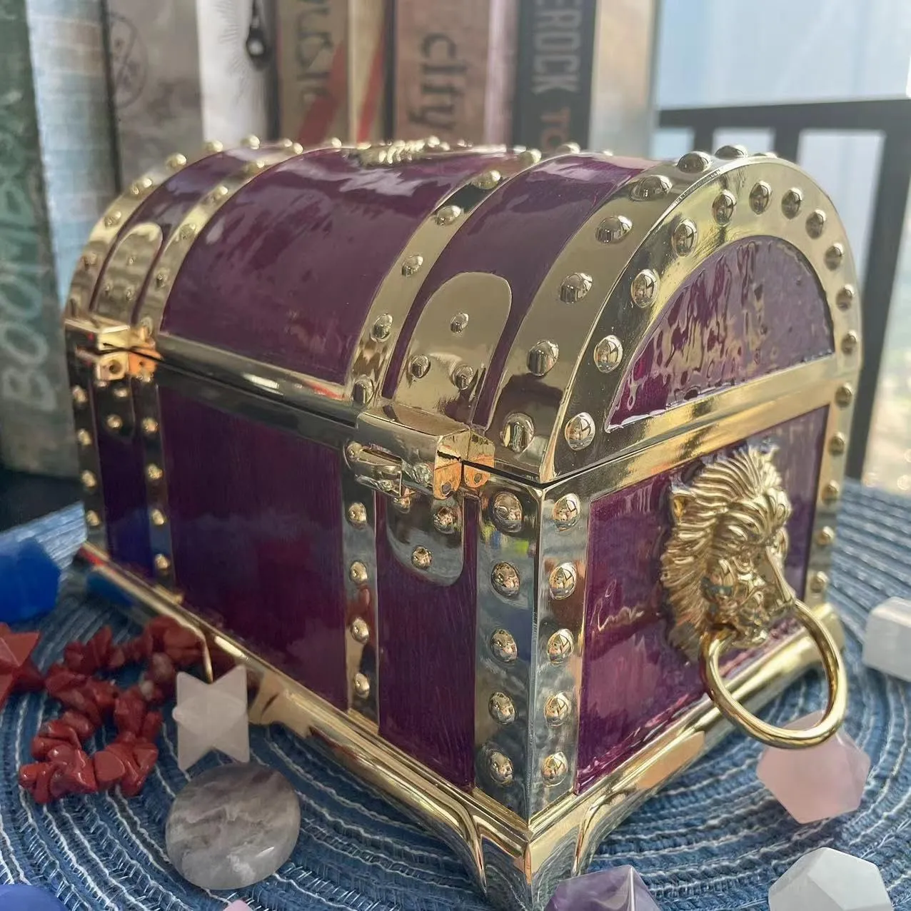 Vintage Metal Jewelry Chest Treasure Trinket Box, Gem Storage Tray Ring Earrings Necklace Keepsake Gift Holder Case Bag for Girls Ladies Women (Large Golden Purple Empty)