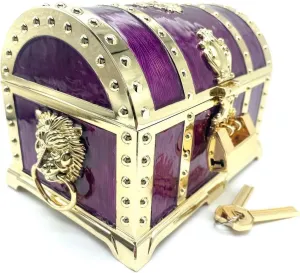 Vintage Metal Jewelry Chest Treasure Trinket Box, Gem Storage Tray Ring Earrings Necklace Keepsake Gift Holder Case Bag for Girls Ladies Women (Large Golden Purple Empty)