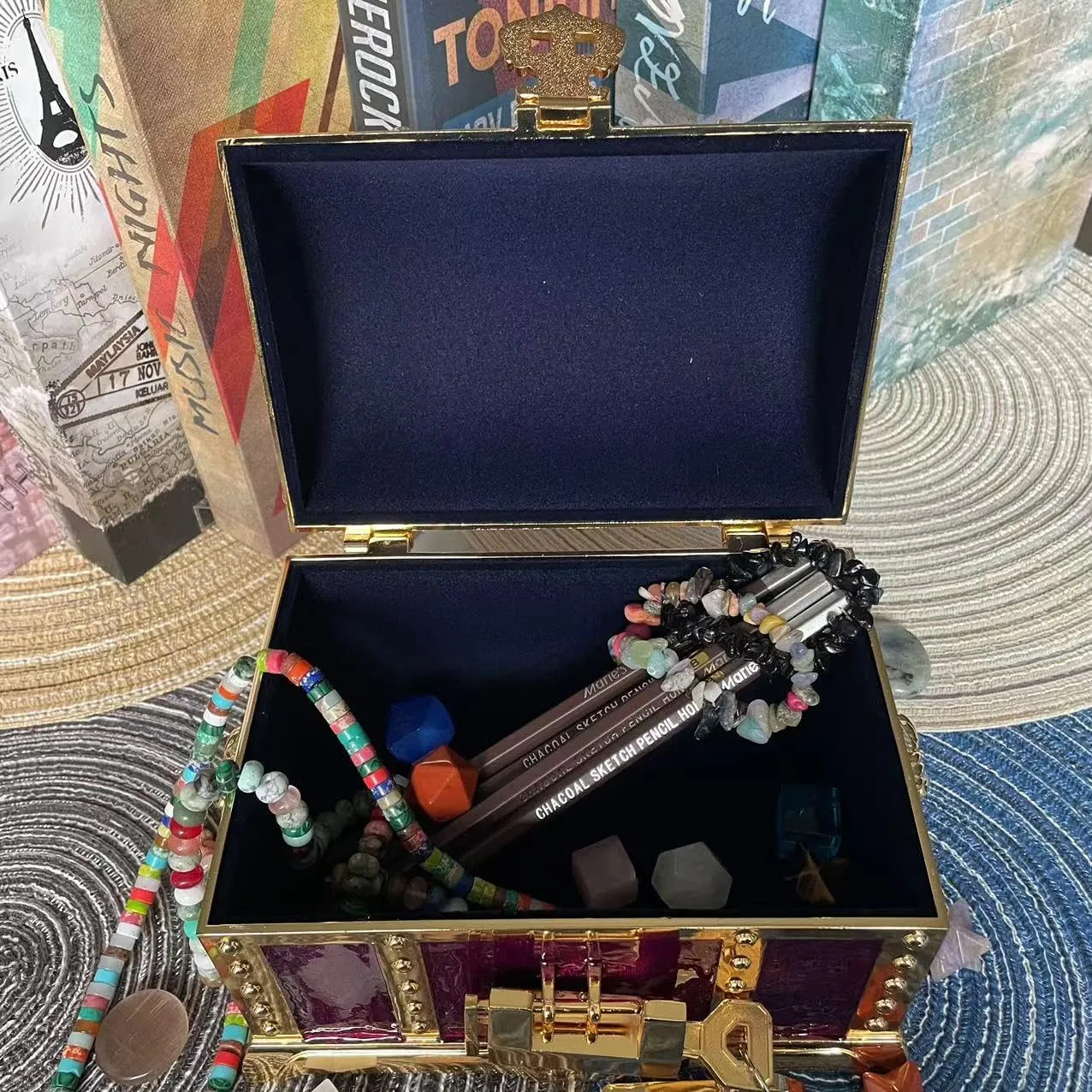 Vintage Metal Jewelry Chest Treasure Trinket Box, Gem Storage Tray Ring Earrings Necklace Keepsake Gift Holder Case Bag for Girls Ladies Women (Large Golden Purple Empty)