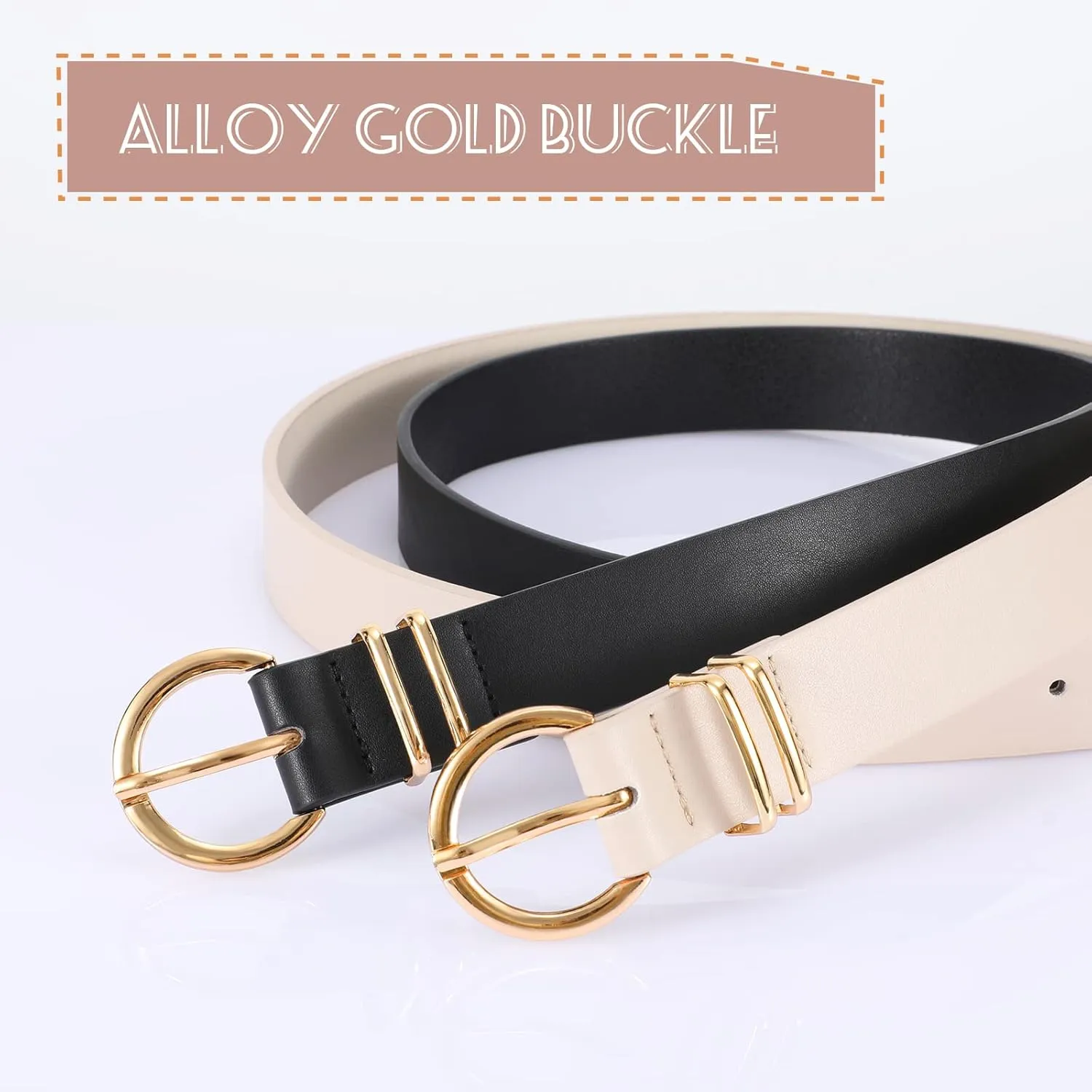 VONMELLI 2 Pack Women's Leather Belts for Jeans Dresses Fashion Gold Buckle Ladies Belt