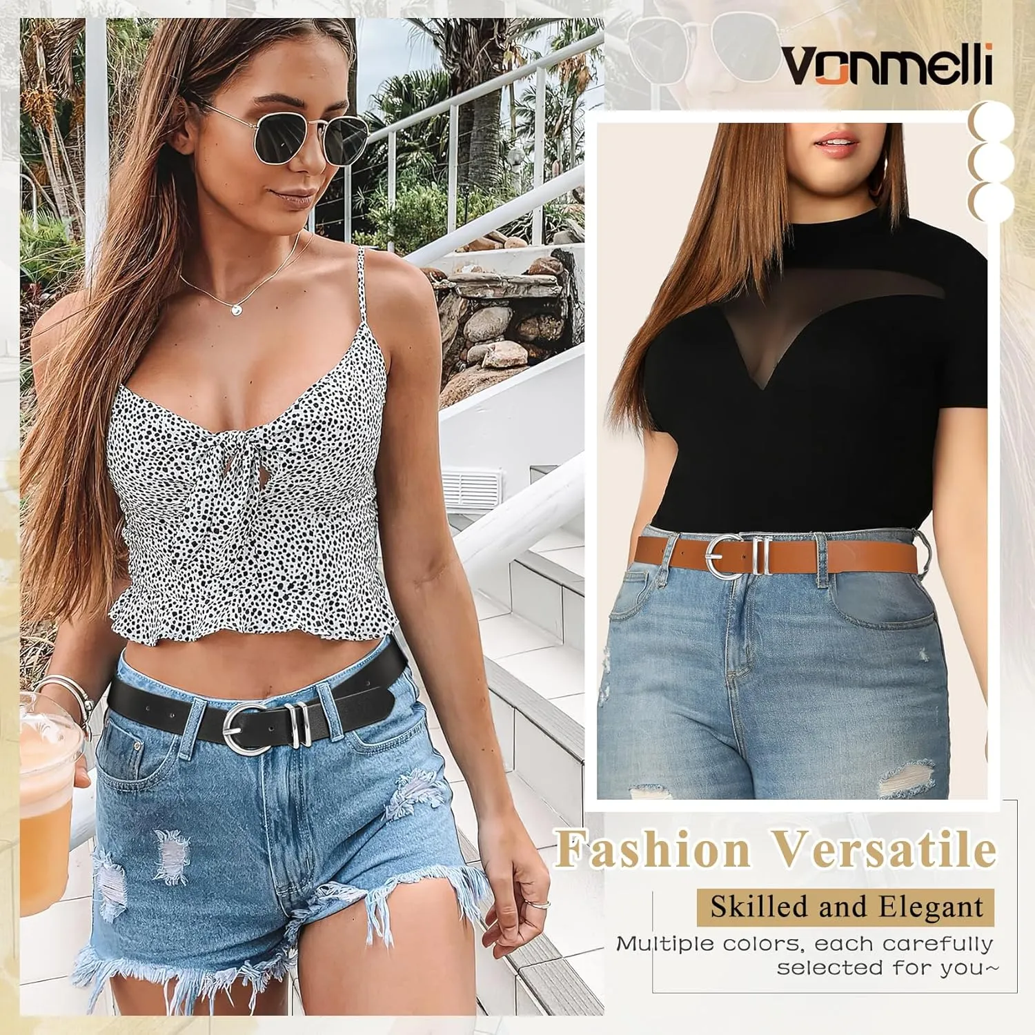 VONMELLI 2 Pack Women's Leather Belts for Jeans Dresses Fashion Gold Buckle Ladies Belt