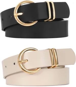 VONMELLI 2 Pack Women's Leather Belts for Jeans Dresses Fashion Gold Buckle Ladies Belt