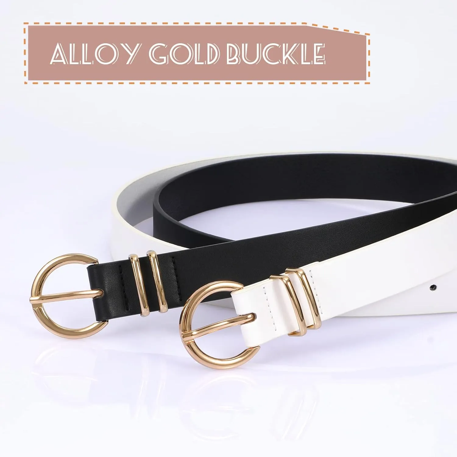 VONMELLI 2 Pack Women's Leather Belts for Jeans Dresses Fashion Gold Buckle Ladies Belt
