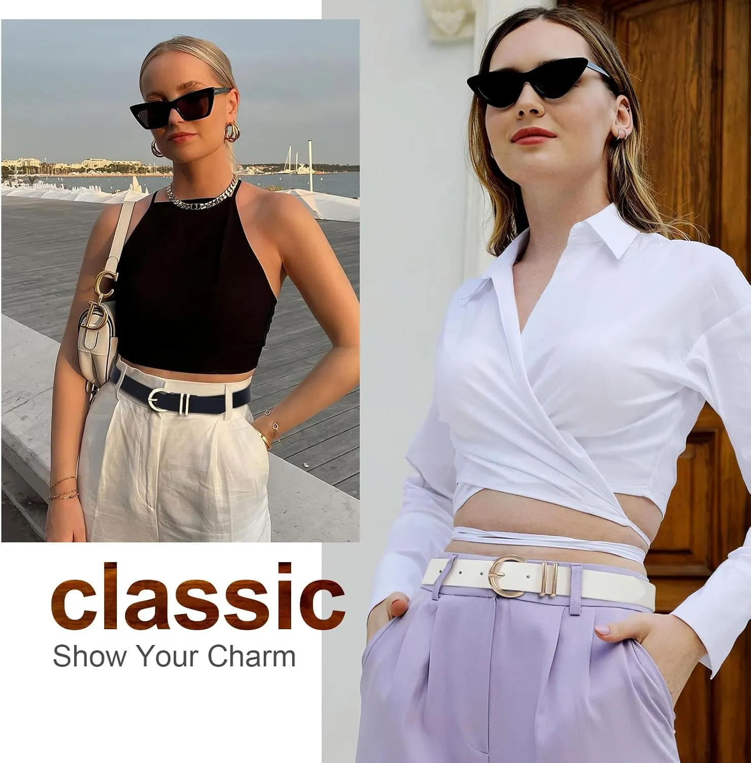 VONMELLI 2 Pack Women's Leather Belts for Jeans Dresses Fashion Gold Buckle Ladies Belt