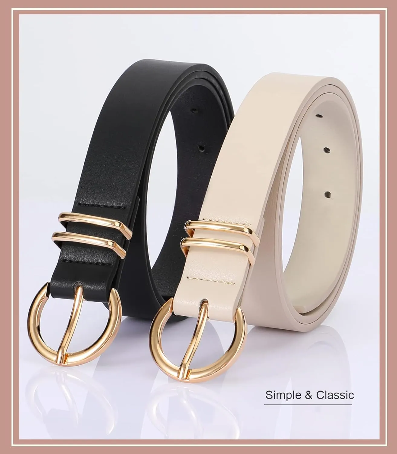 VONMELLI 2 Pack Women's Leather Belts for Jeans Dresses Fashion Gold Buckle Ladies Belt
