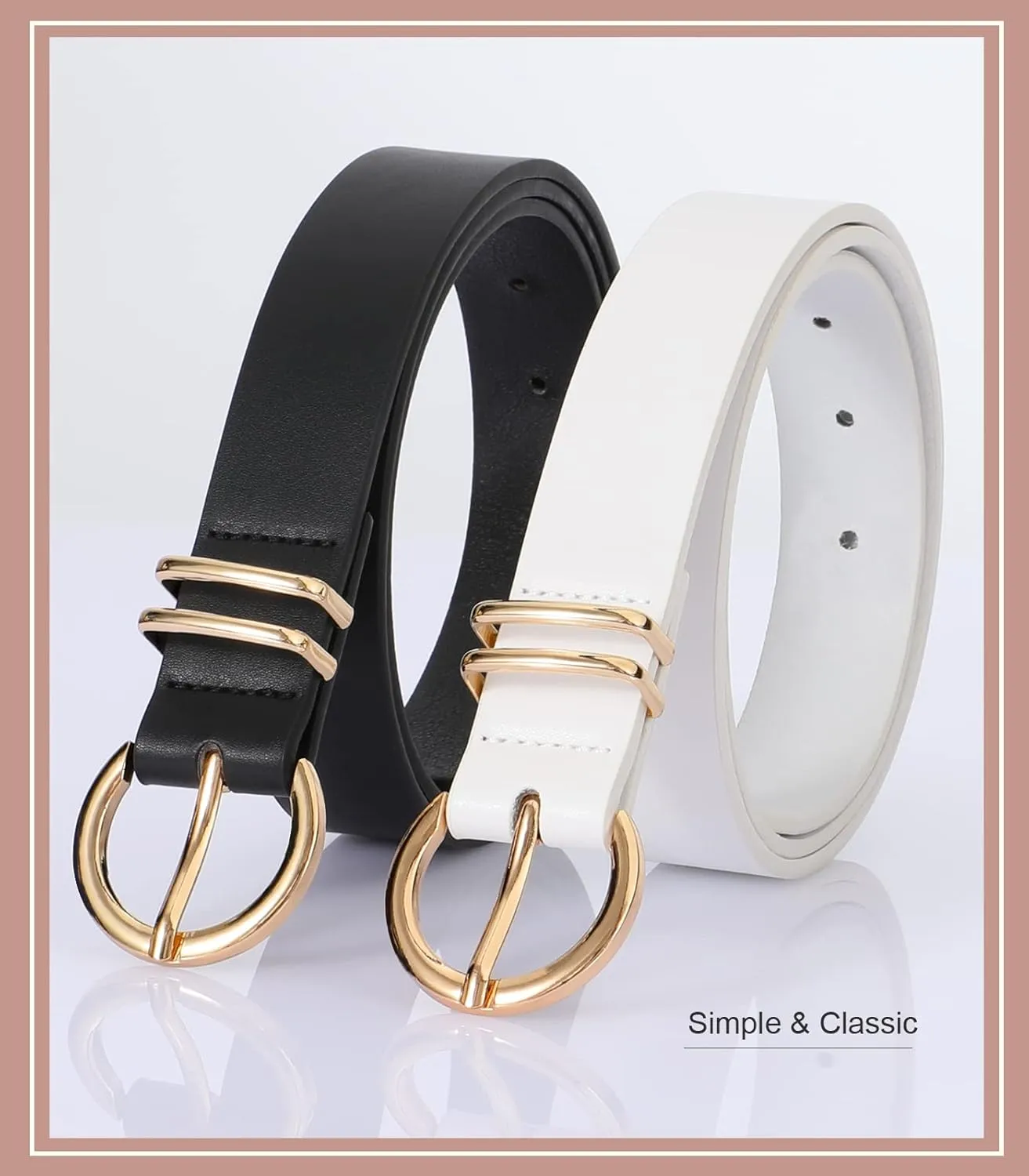 VONMELLI 2 Pack Women's Leather Belts for Jeans Dresses Fashion Gold Buckle Ladies Belt