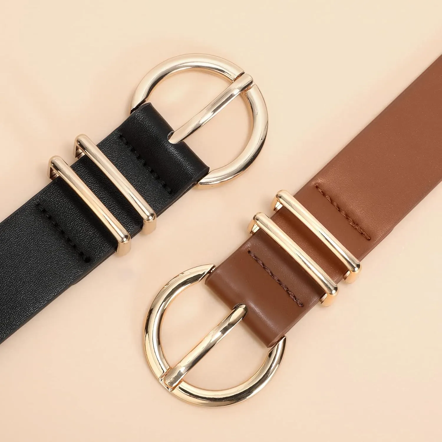 VONMELLI 2 Pack Women's Leather Belts for Jeans Dresses Fashion Gold Buckle Ladies Belt