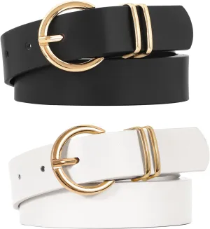 VONMELLI 2 Pack Women's Leather Belts for Jeans Dresses Fashion Gold Buckle Ladies Belt