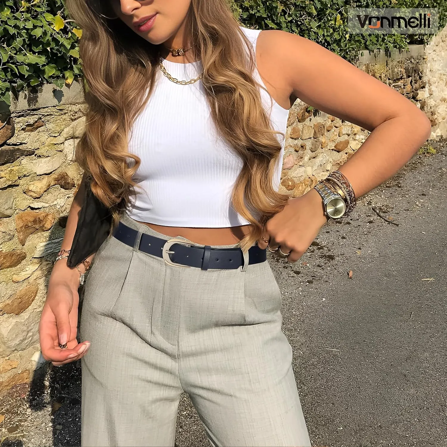 VONMELLI Women Leather Belt for Pants Jeans Dresses Ladies Belts with Fashion Gold Silver Buckle