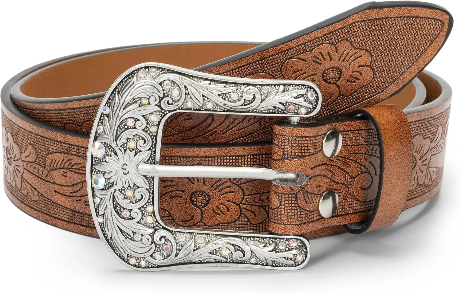 Western-Belt-for-Women-Cowgirl, PU-Leather-Waist-Belts with Vintage-Carved-Buckle and Tips-Ends for Jeans Pants Dresses