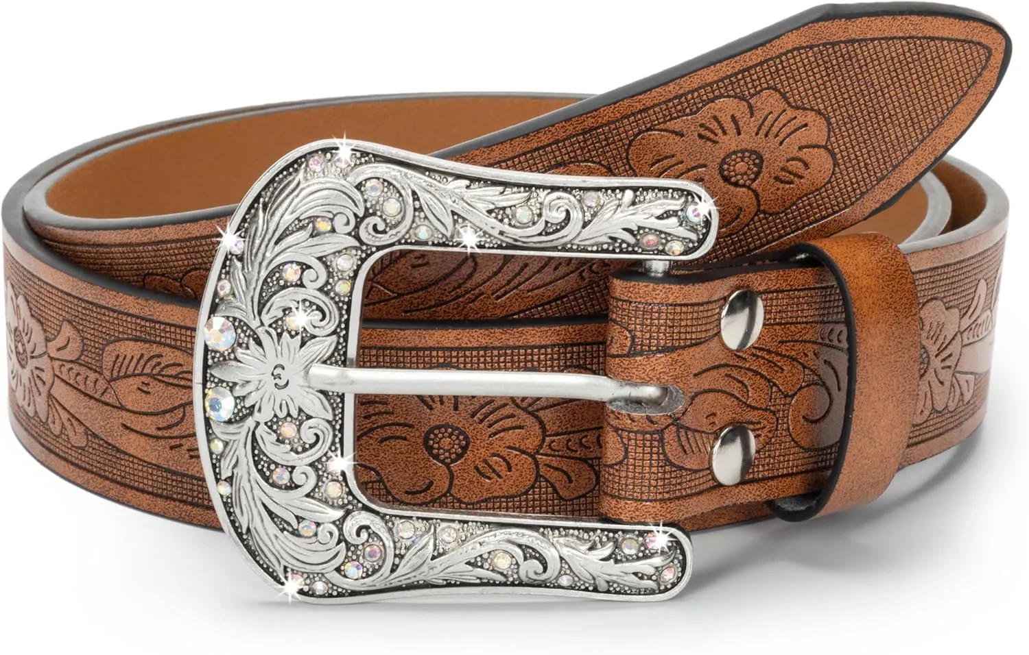 Western-Belt-for-Women-Cowgirl, PU-Leather-Waist-Belts with Vintage-Carved-Buckle and Tips-Ends for Jeans Pants Dresses