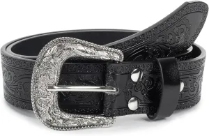 Western-Belt-for-Women-Cowgirl, PU-Leather-Waist-Belts with Vintage-Carved-Buckle and Tips-Ends for Jeans Pants Dresses