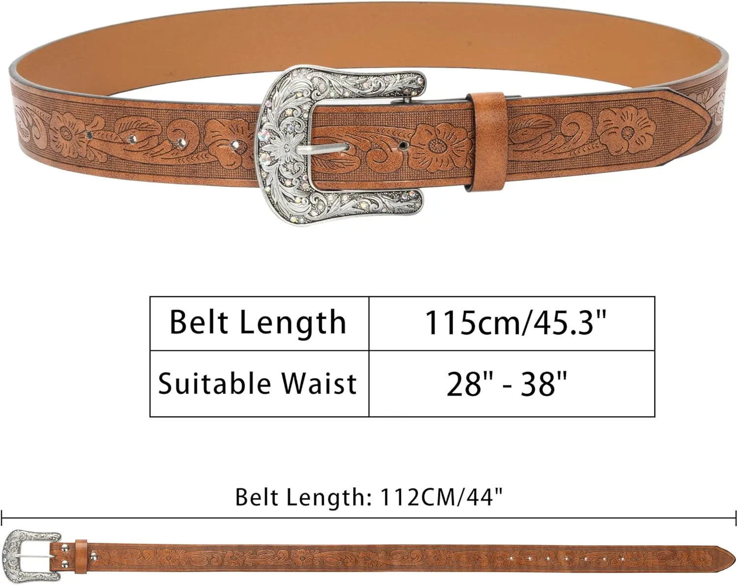 Western-Belt-for-Women-Cowgirl, PU-Leather-Waist-Belts with Vintage-Carved-Buckle and Tips-Ends for Jeans Pants Dresses