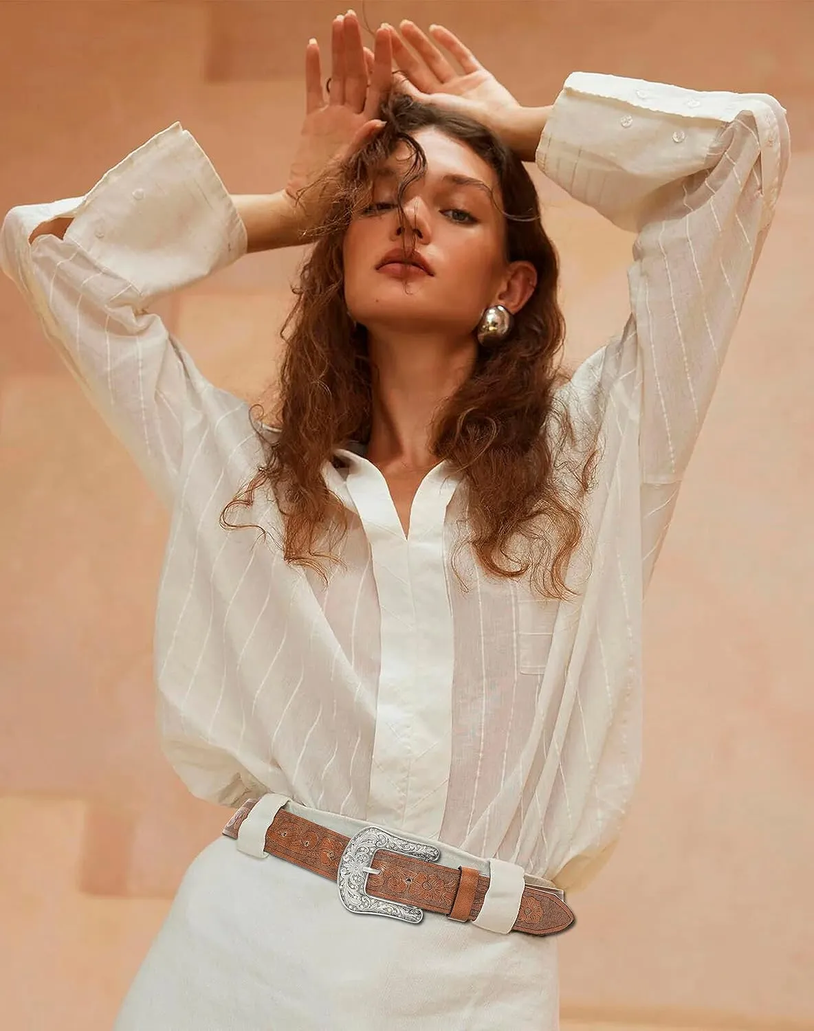 Western-Belt-for-Women-Cowgirl, PU-Leather-Waist-Belts with Vintage-Carved-Buckle and Tips-Ends for Jeans Pants Dresses