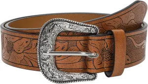 Western-Belt-for-Women-Cowgirl, PU-Leather-Waist-Belts with Vintage-Carved-Buckle and Tips-Ends for Jeans Pants Dresses