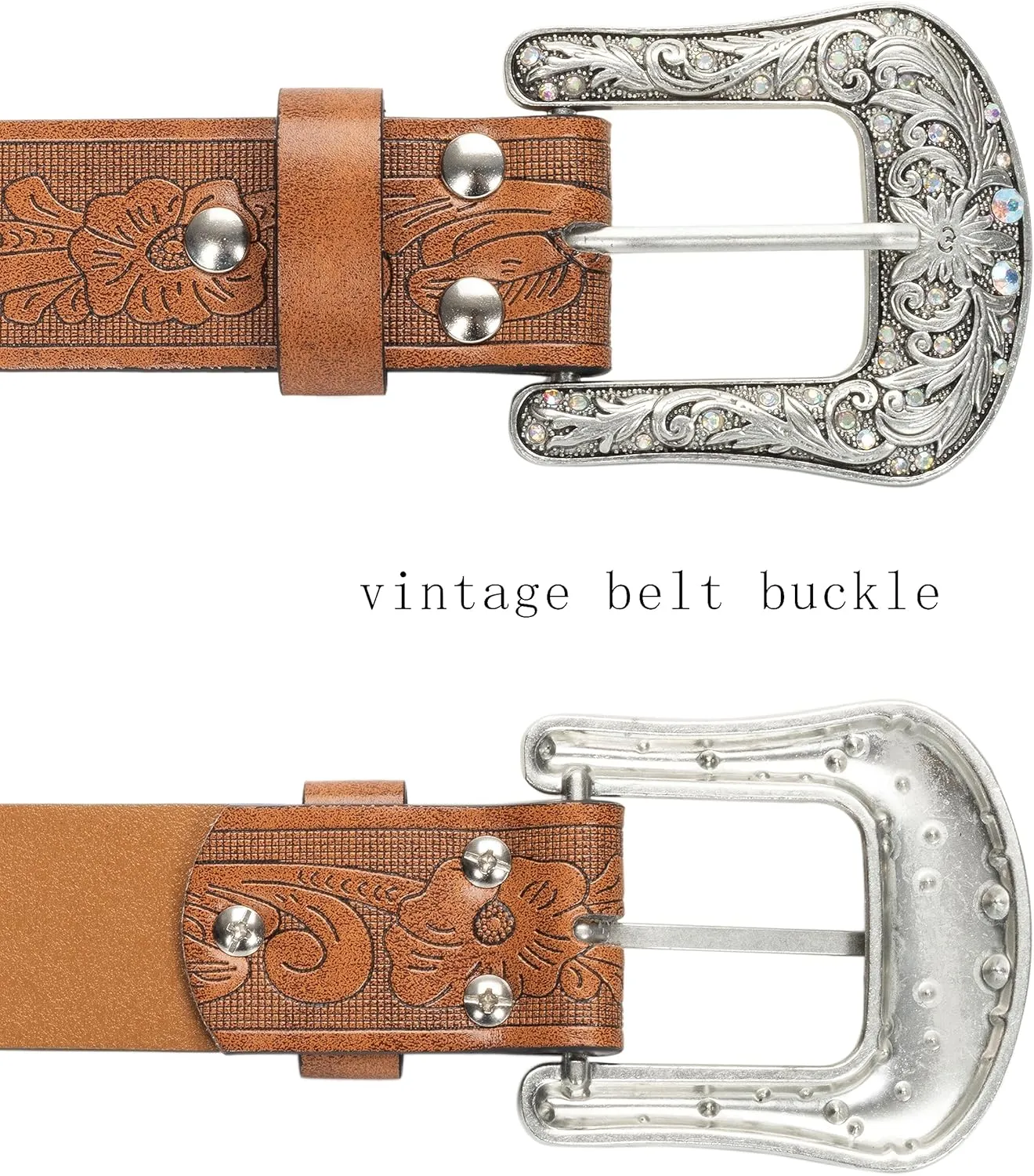 Western-Belt-for-Women-Cowgirl, PU-Leather-Waist-Belts with Vintage-Carved-Buckle and Tips-Ends for Jeans Pants Dresses