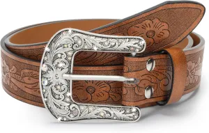 Western-Belt-for-Women-Cowgirl, PU-Leather-Waist-Belts with Vintage-Carved-Buckle and Tips-Ends for Jeans Pants Dresses