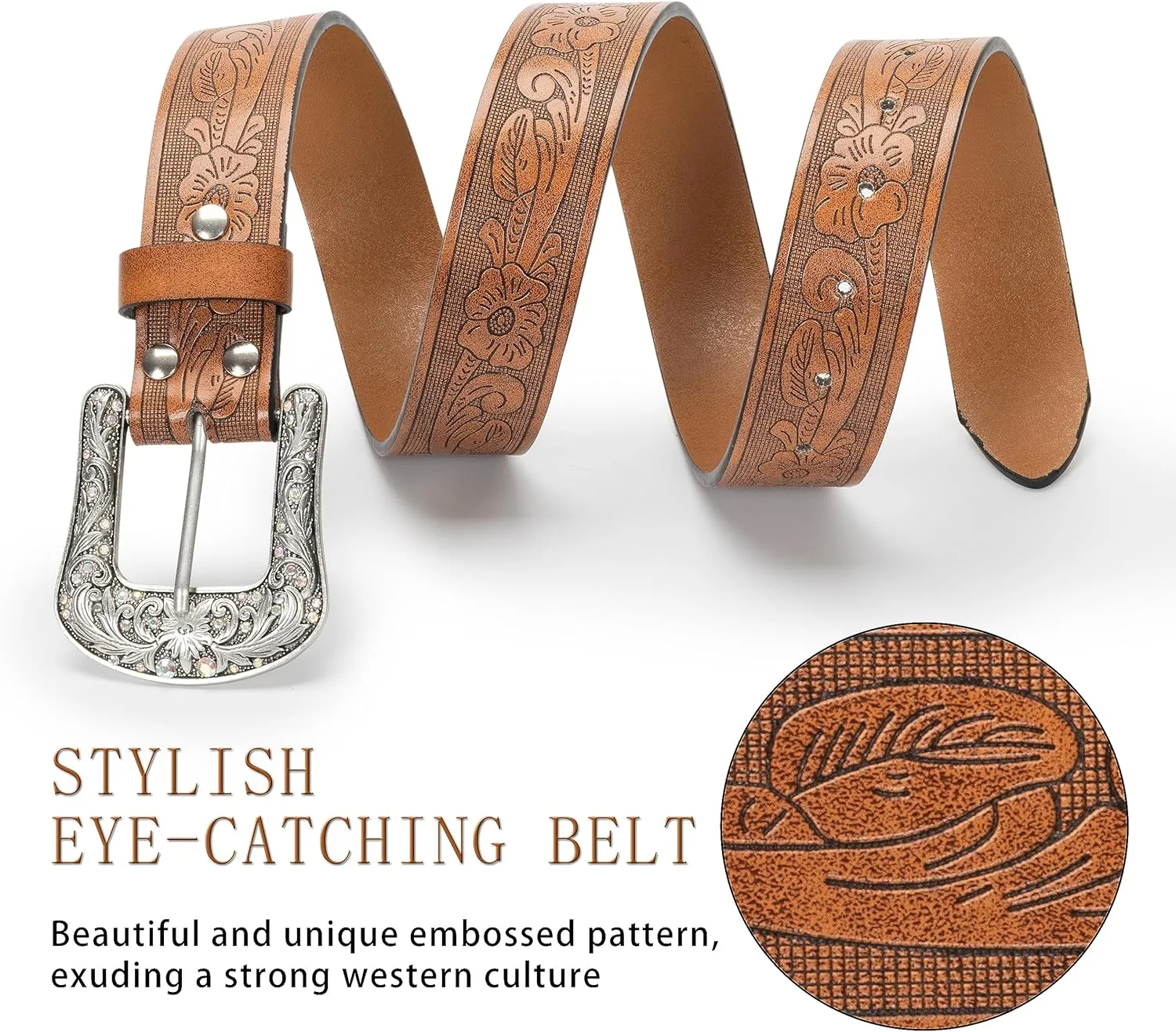 Western-Belt-for-Women-Cowgirl, PU-Leather-Waist-Belts with Vintage-Carved-Buckle and Tips-Ends for Jeans Pants Dresses
