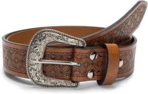 Western-Belt-for-Women-Cowgirl, PU-Leather-Waist-Belts with Vintage-Carved-Buckle and Tips-Ends for Jeans Pants Dresses