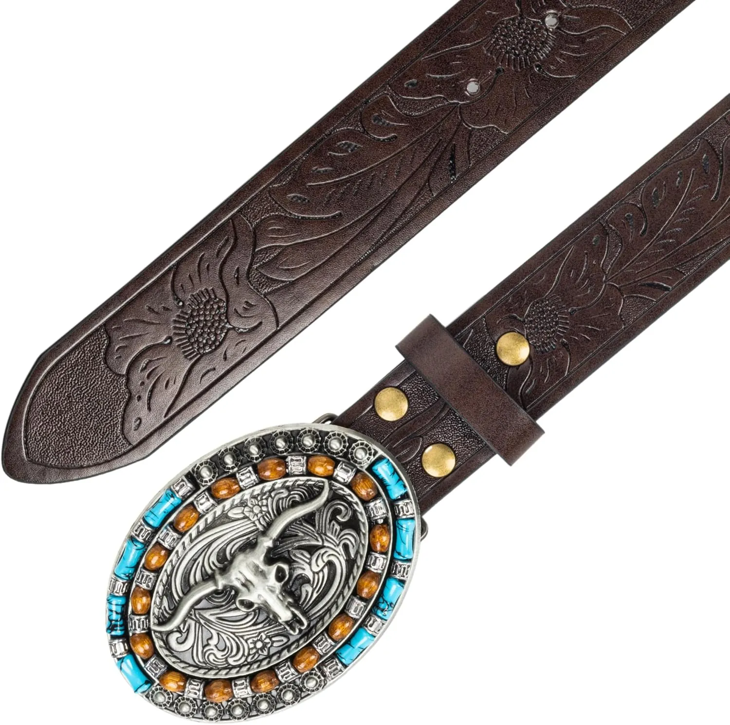 Western-Cowboy-Leather-Belts for Women Turquoise-Oval-Buckle Embossed Cowgirl Belt for Jeans Pants Fit for 27"-41"
