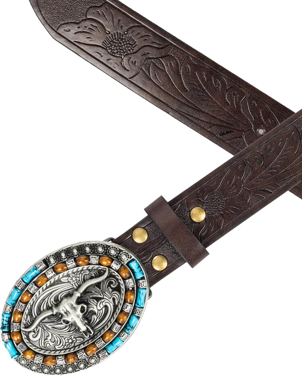 Western-Cowboy-Leather-Belts for Women Turquoise-Oval-Buckle Embossed Cowgirl Belt for Jeans Pants Fit for 27"-41"