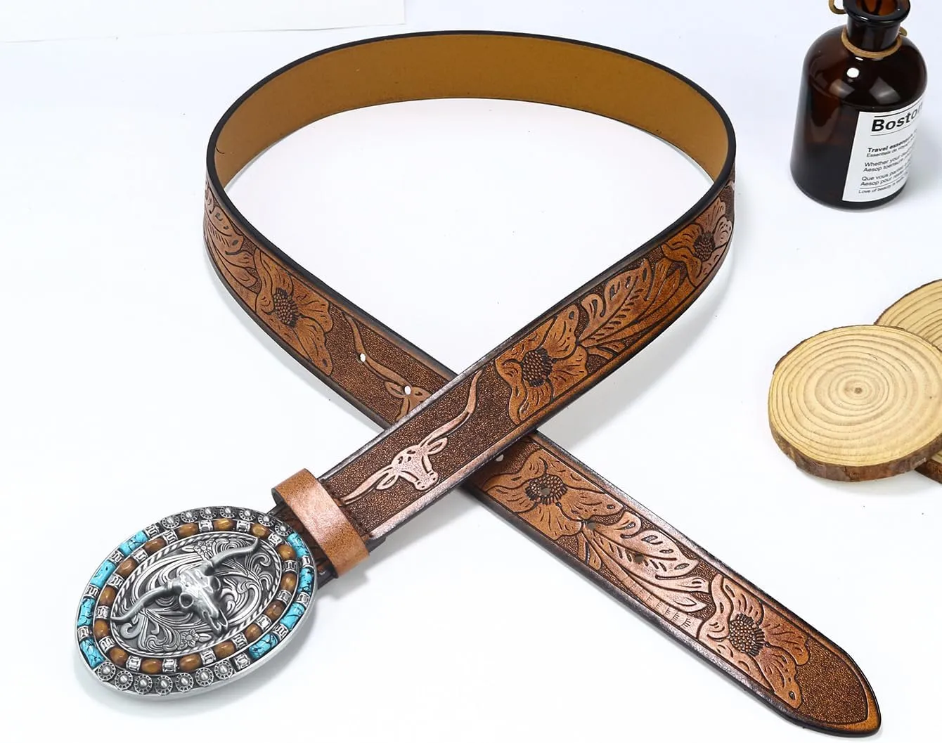 Western-Cowboy-Leather-Belts for Women Turquoise-Oval-Buckle Embossed Cowgirl Belt for Jeans Pants Fit for 27"-41"