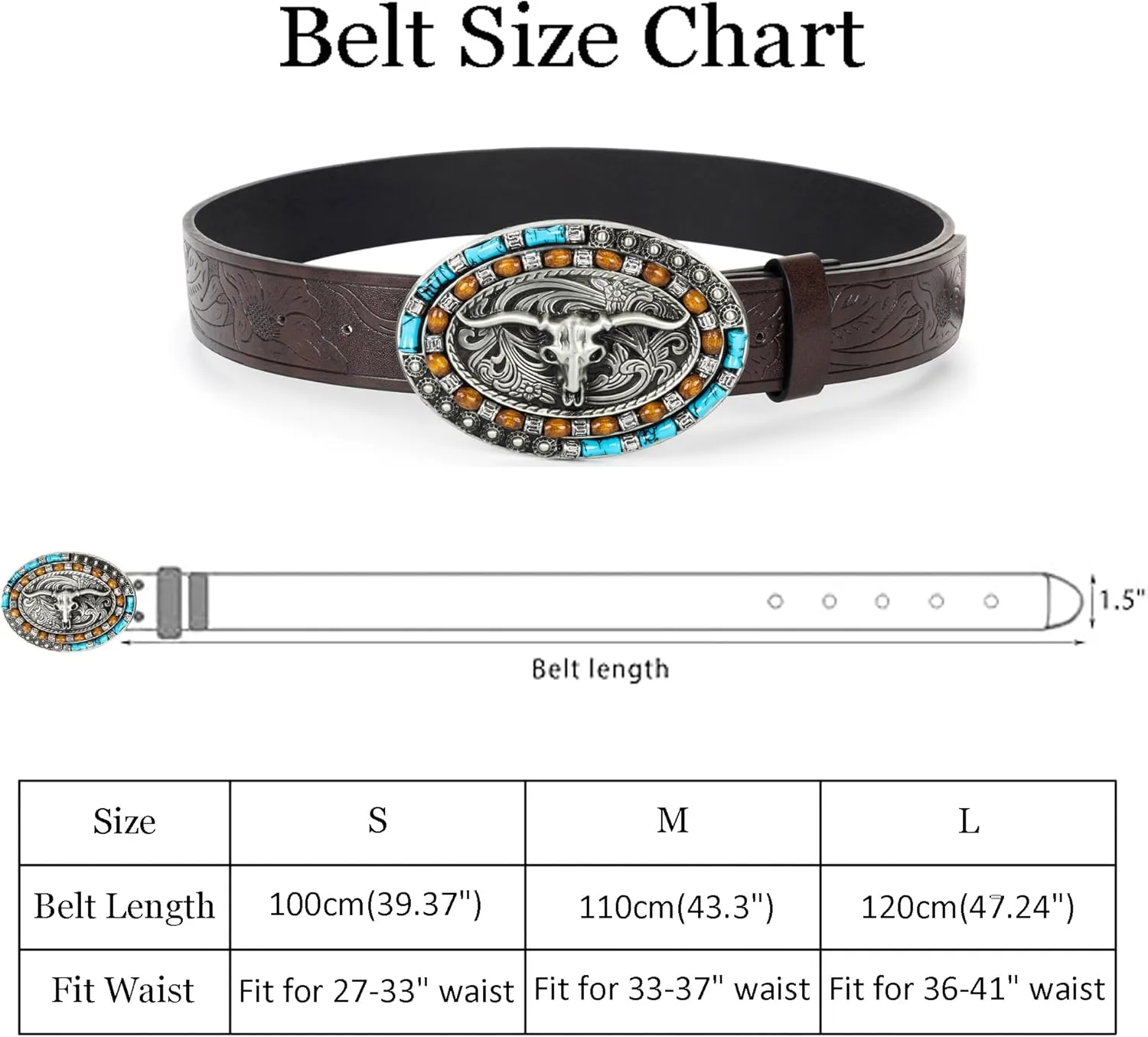 Western-Cowboy-Leather-Belts for Women Turquoise-Oval-Buckle Embossed Cowgirl Belt for Jeans Pants Fit for 27"-41"