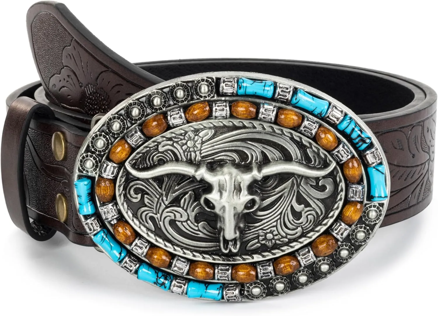 Western-Cowboy-Leather-Belts for Women Turquoise-Oval-Buckle Embossed Cowgirl Belt for Jeans Pants Fit for 27"-41"