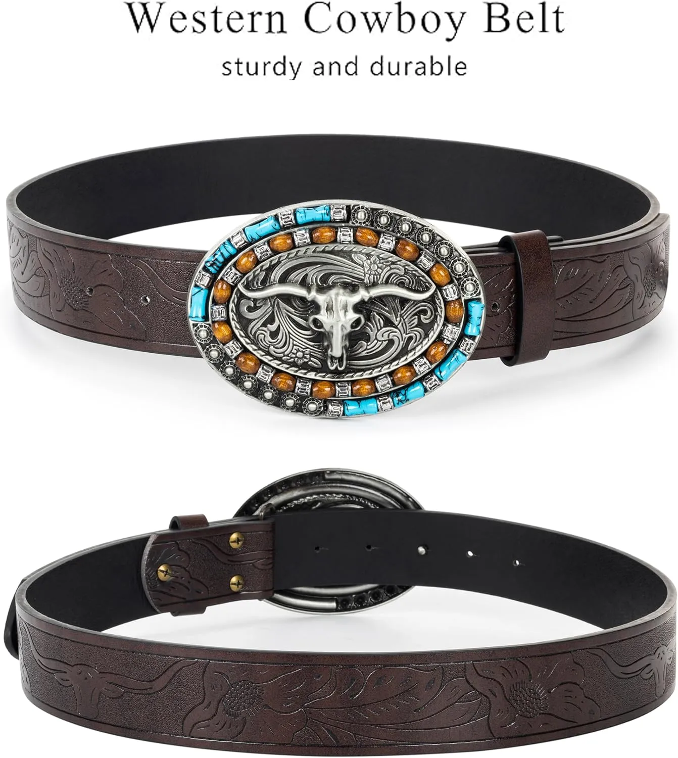 Western-Cowboy-Leather-Belts for Women Turquoise-Oval-Buckle Embossed Cowgirl Belt for Jeans Pants Fit for 27"-41"