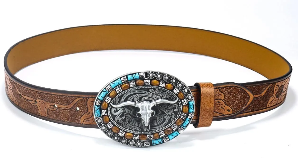 Western-Cowboy-Leather-Belts for Women Turquoise-Oval-Buckle Embossed Cowgirl Belt for Jeans Pants Fit for 27"-41"