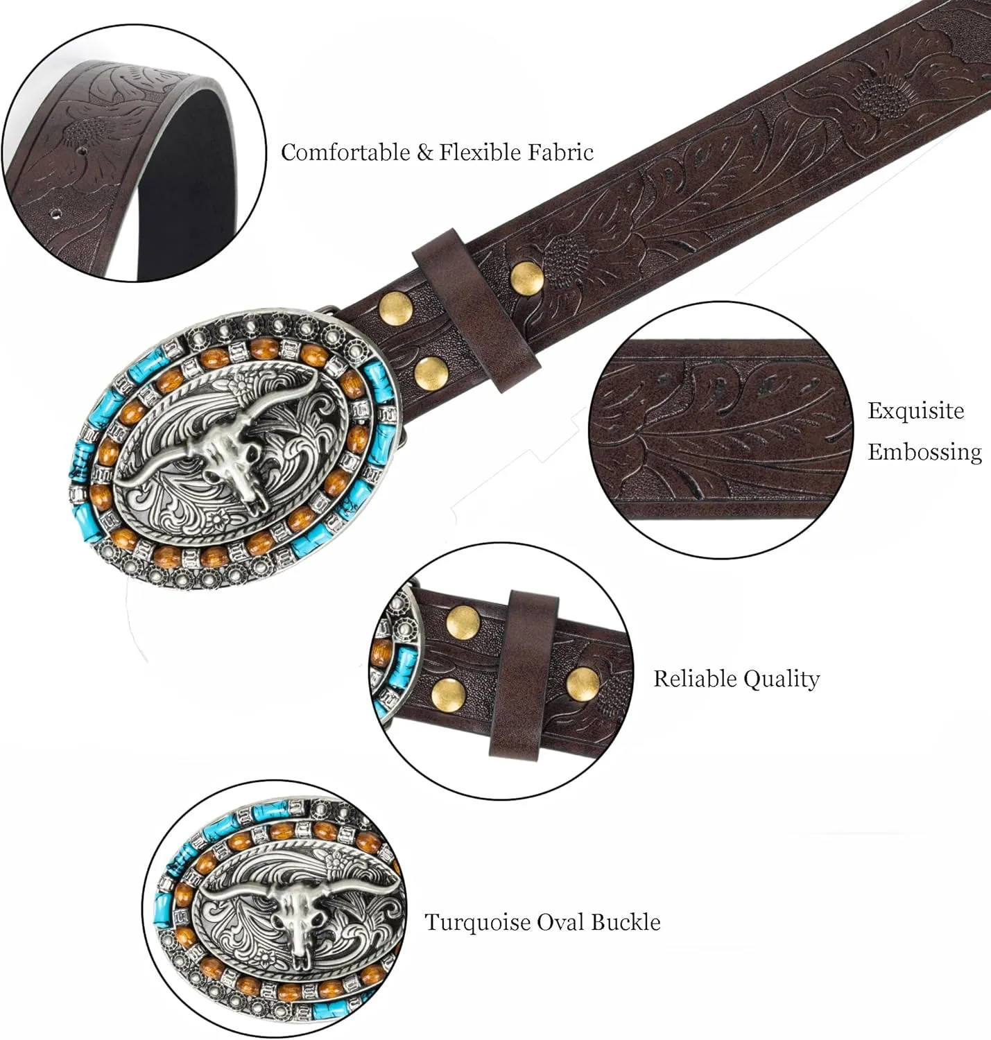 Western-Cowboy-Leather-Belts for Women Turquoise-Oval-Buckle Embossed Cowgirl Belt for Jeans Pants Fit for 27"-41"