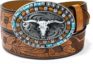 Western-Cowboy-Leather-Belts for Women Turquoise-Oval-Buckle Embossed Cowgirl Belt for Jeans Pants Fit for 27"-41"