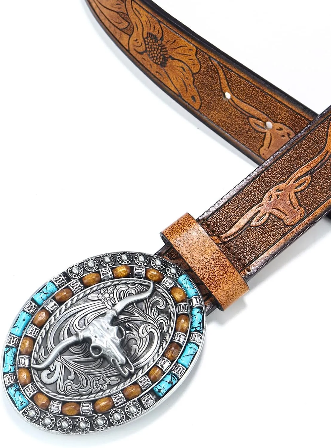 Western-Cowboy-Leather-Belts for Women Turquoise-Oval-Buckle Embossed Cowgirl Belt for Jeans Pants Fit for 27"-41"