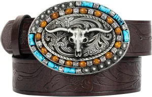 Western-Cowboy-Leather-Belts for Women Turquoise-Oval-Buckle Embossed Cowgirl Belt for Jeans Pants Fit for 27"-41"