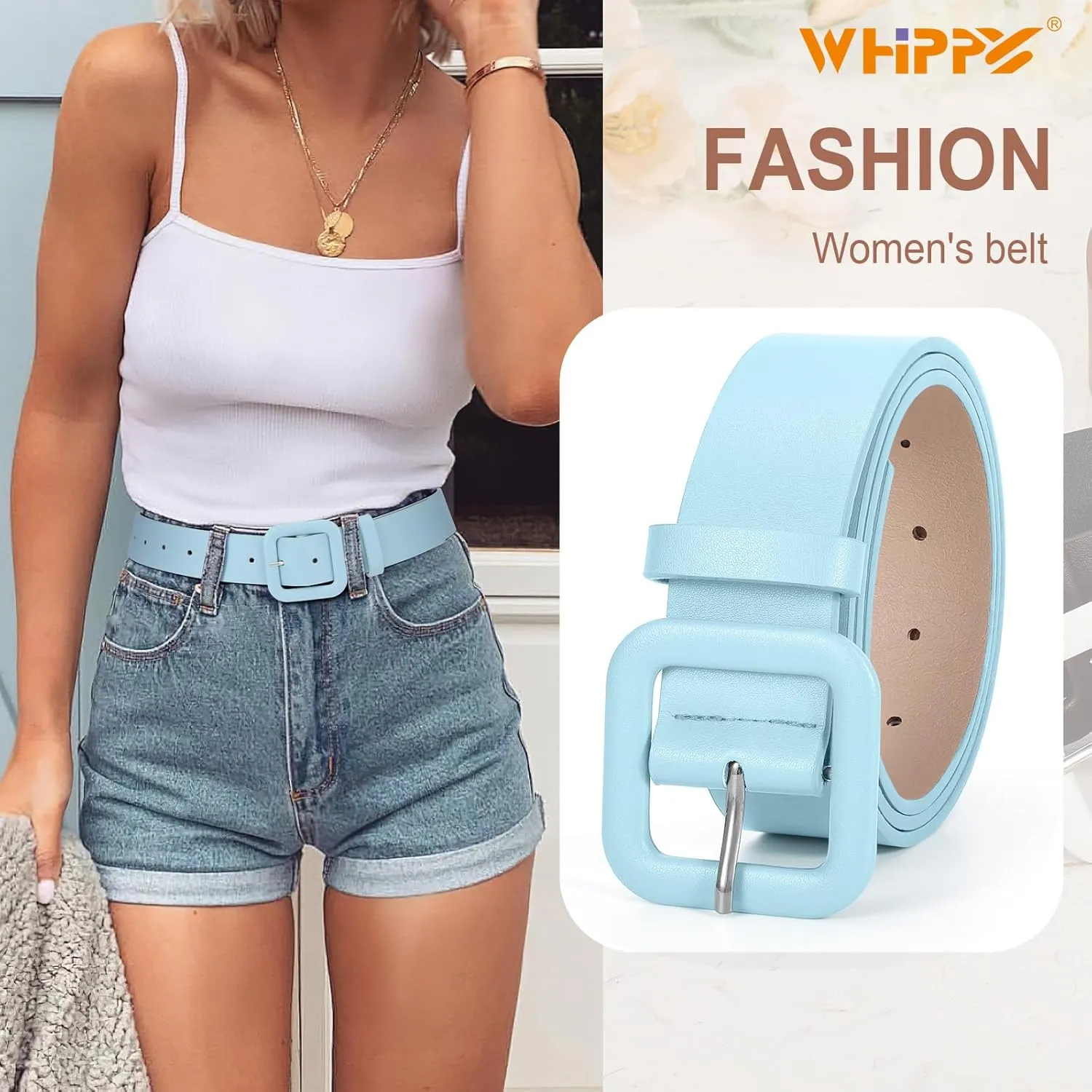 WHIPPY Women Leather Belt Candy Color Fashion Square Buckle Belt Ladies Belt for Jeans Pants Dresses