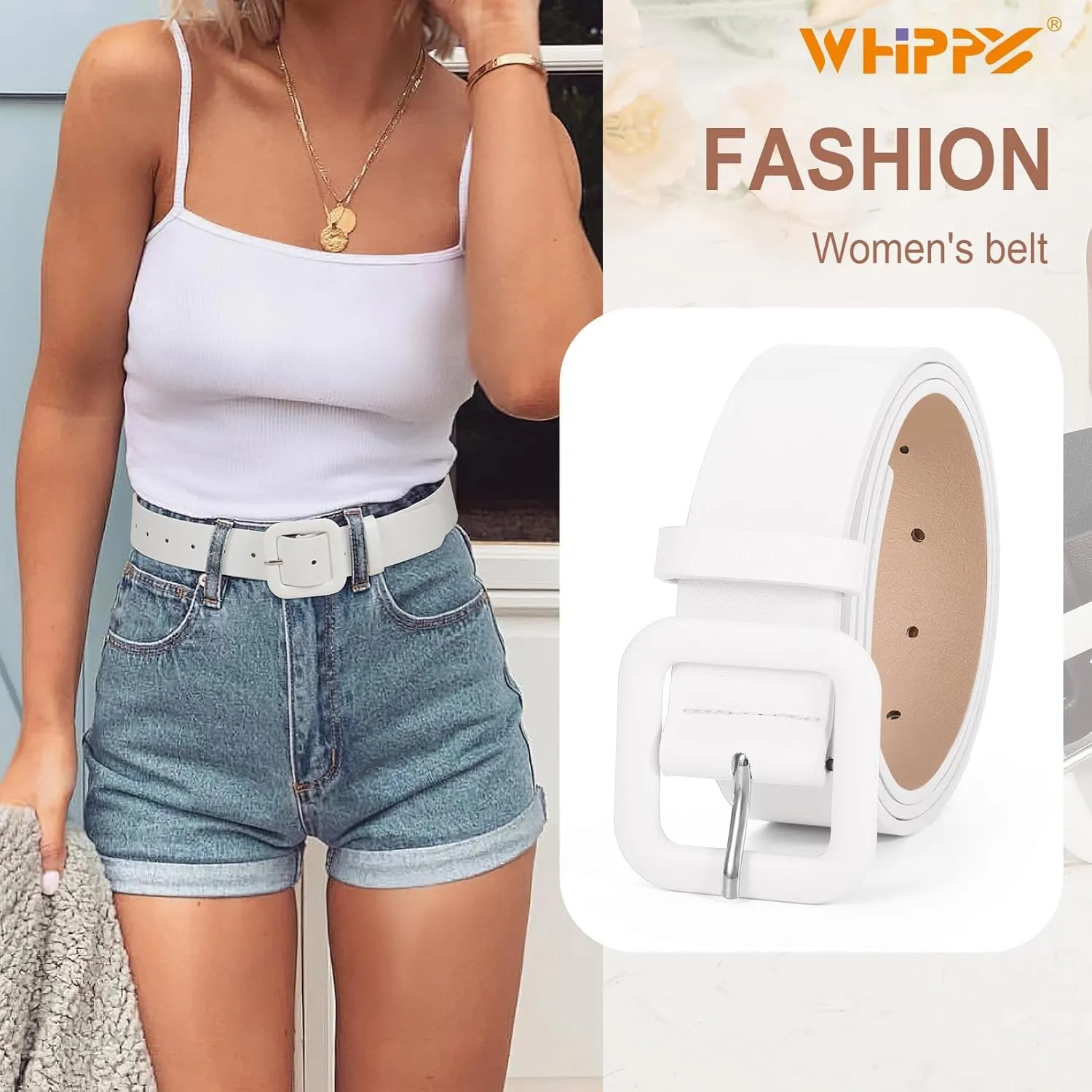 WHIPPY Women Leather Belt Candy Color Fashion Square Buckle Belt Ladies Belt for Jeans Pants Dresses