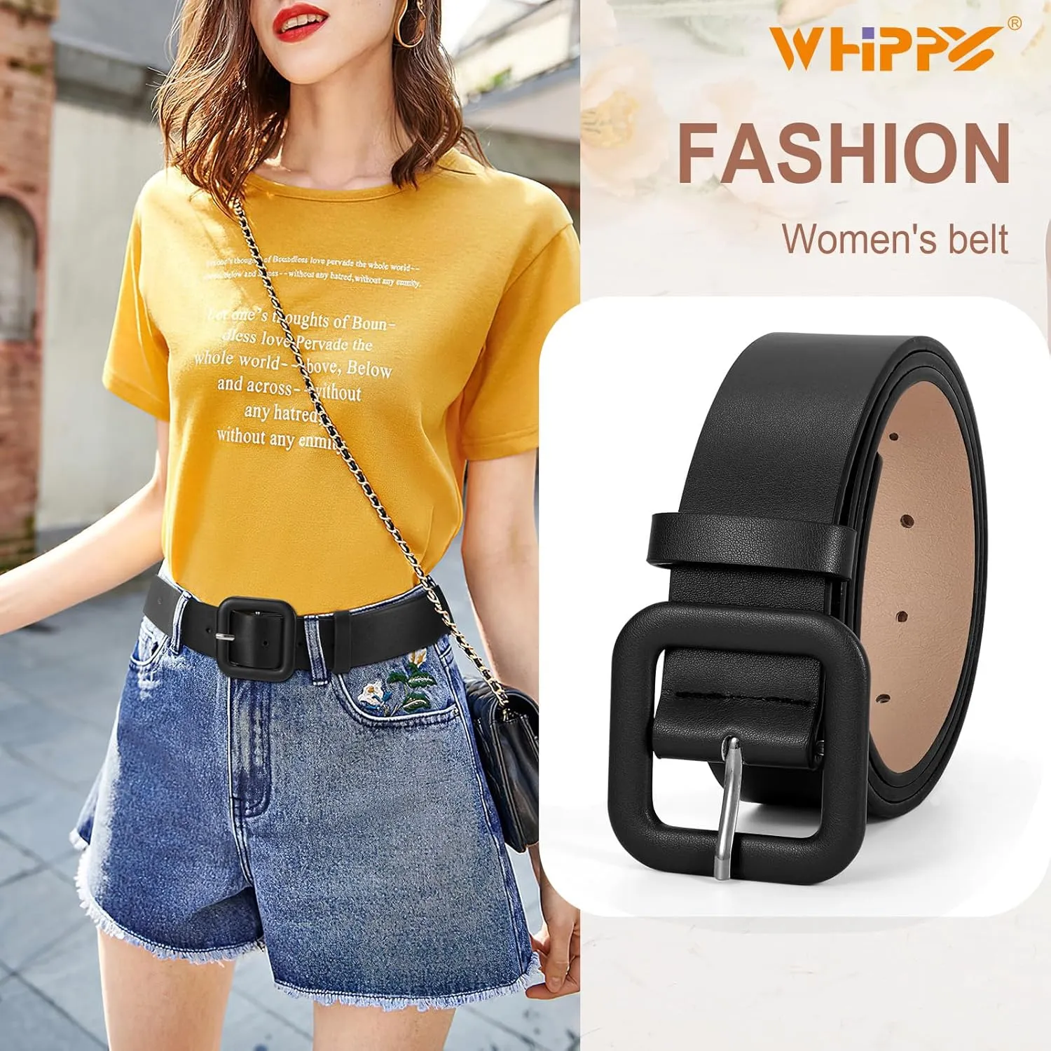 WHIPPY Women Leather Belt Candy Color Fashion Square Buckle Belt Ladies Belt for Jeans Pants Dresses